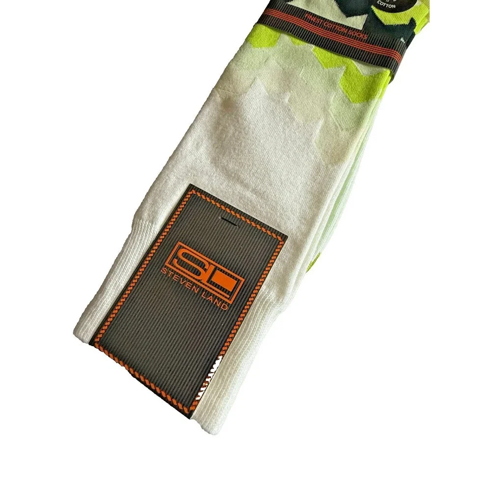 Steven Land Mens Dress Socks Casual Fun White Lime Cotton Sock Size 10-13
